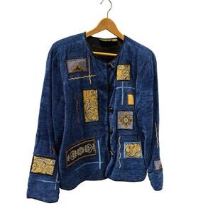 Allure Boutique Artwear Jacket Blue Patchwork Embroidered Rayon Size L